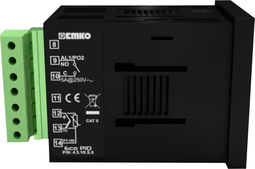 Elektronisches Gerät mit schwarzem Gehäuse und grünen Anschlüssen, gekennzeichnet mit Symbolen für elektrische Spezifikationen.