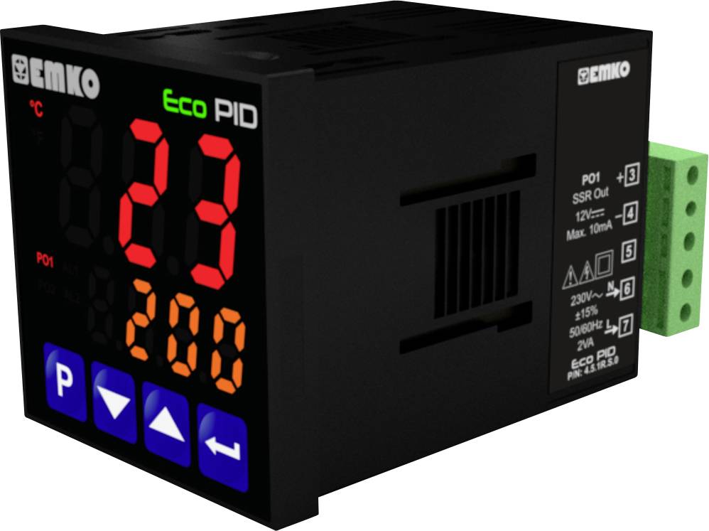 Ein digitales PID-Regelgerät mit LED-Anzeige zeigt die Temperatur von 23 Grad Celsius und einen Sollwert von 200 an.