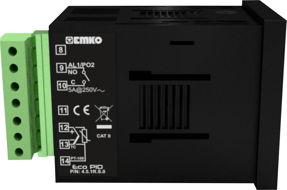 Schwarzes industrielles Steuergerät mit grüner Anschlussleiste und mehreren Bedienknöpfen, geeignet für elektrische Systeme.