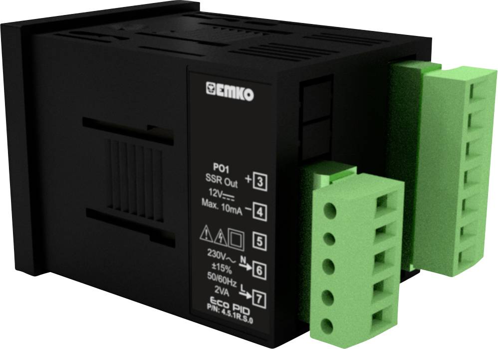Ein schwarzes elektronisches Gerät mit grünen Anschlussklemmen. Es zeigt Symbole für elektrische Eingänge und Ausgänge.