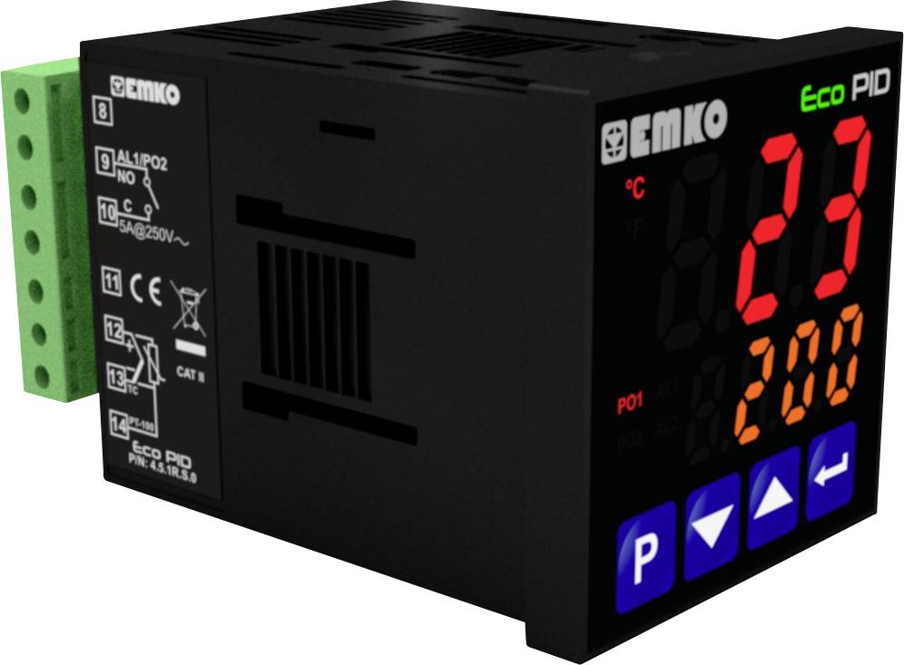 Ein schwarzes digitales Temperaturregelgerät mit Anzeige 'Eco PID' zeigt zwei Temperaturen: 23°C und 200°C, grüne und blaue Bedienknöpfe.
