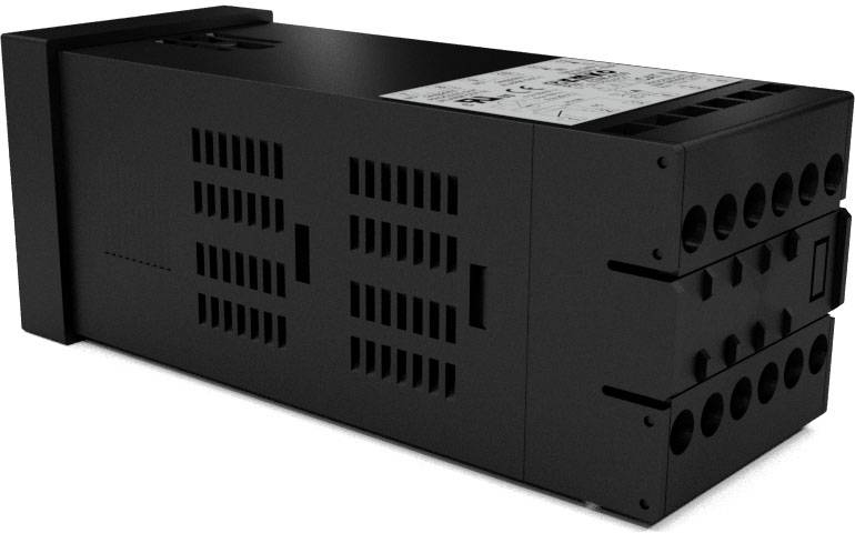 Schwarzes elektronisches Gerät mit Lüftungsschlitzen und Anschlüssen, möglicherweise ein Netzteil oder eine Steuerungseinheit.