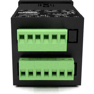 Ein schwarzes elektrisches Gerät mit zwei grünen Anschlussklemmen an der Vorderseite.