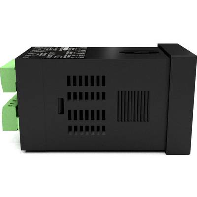 Schwarzes, rechteckiges elektronisches Gerät mit grünen Anschlüssen auf der linken Seite, zeigt Lüftungsgitter und technische Details.
