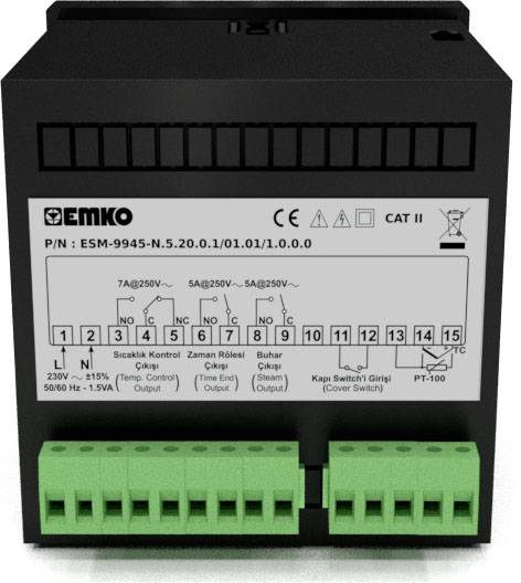 Ein schwarzes EMKO-Gerät mit Modellnummer 'ESM-9945-N.5.20.0.1/01.01/1.0.0.0'. Versorgt mit 230V~ und verwendet für Temperaturkontrolle.