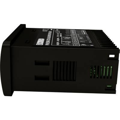 Schwarzes elektronisches Gerät mit Schlitzen, seitlich abgebildet. Oben ein Label mit technischem Diagramm. Dient zur Steuerung.