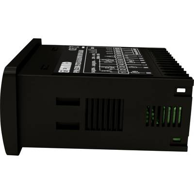 Das Bild zeigt ein schwarzes, rechteckiges elektronisches Gerät mit Lüftungsschlitzen und Beschriftungen auf der Oberseite.