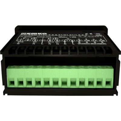 Ein schwarzes elektrisches Anschlussmodul mit grünen Anschlussklemmen. Oben befinden sich technische Informationen und Schaltpläne.