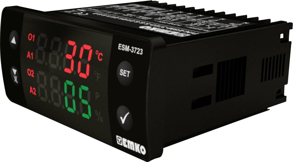 Digitales Temperaturregelgerät mit LED-Anzeige von 30°C und 85% für Temperatur und Feuchtigkeit, Modell 'EMKO ESM-3723'.