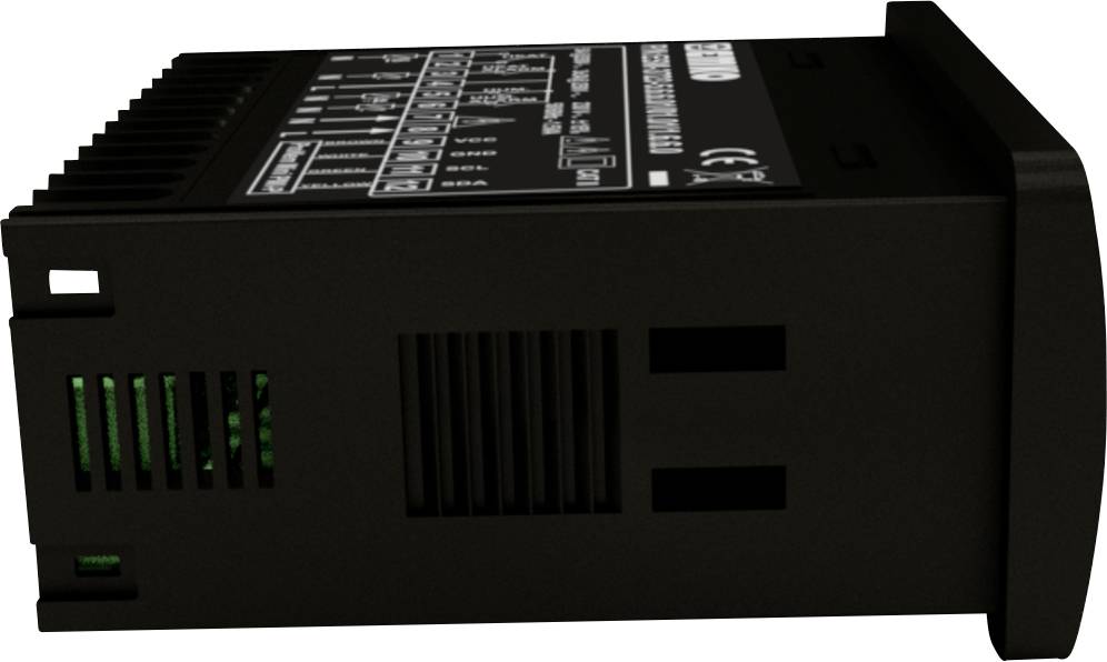 Ein schwarzes elektronisches Gerät mit seitlichen Lüftungsschlitzen und einer detaillierten Bedienoberfläche oben.