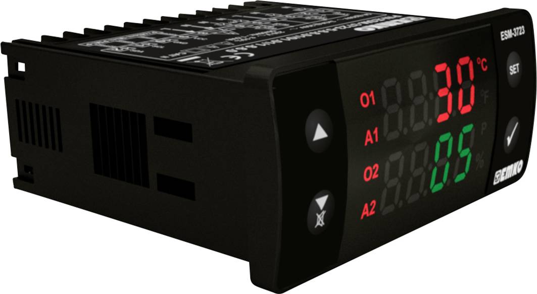 Ein schwarzes elektronisches Temperaturregelgerät mit digitaler Anzeige zeigt '30' in Rot und '85' in Grün. Tasten für Einstellungen erkennbar.