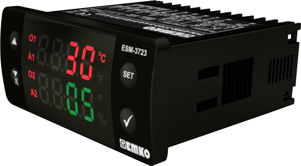 LED-Digitalanzeige eines Temperaturreglers mit rotem Display zeigt '30 °C' für die Temperatur und grün '85' für relative Luftfeuchtigkeit.