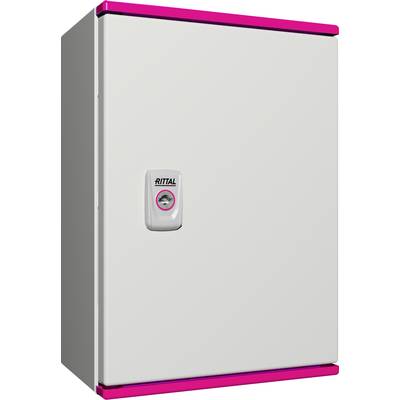 Elektrischer Schaltschrank mit Schloss und deutlichem 'Rittal'-Logo auf der Vorderseite, hauptsächlich in Grau und Rosa gehalten.