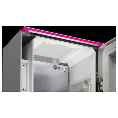 Ein geöffneter grauer Schrank mit einem Metallschloss zeigt den Innenraum. Der obere Rand ist pink.