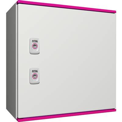Metallisches Gehäuse mit zwei Schlössern auf der linken Seite. Oben und unten sind pinke Akzente sichtbar.