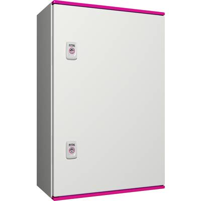 Metallischer Schrank mit zwei Griffen und dem Logo 'Rittal', vor einem neutralen Hintergrund.