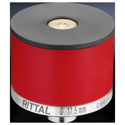 Ein roter runder Behälter mit schwarzem Deckel und metallener Basis. Auf dem Metallrand steht 'Rittal Ø 17,5 mm 0.688 inch'.