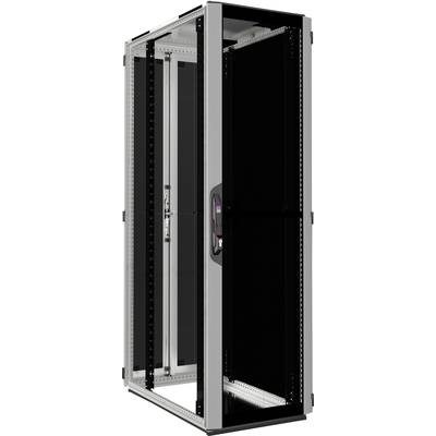 Ein schwarzes Server-Rack mit Glastür und integriertem Schließmechanismus. Geeignet für den Einsatz in Rechenzentren.