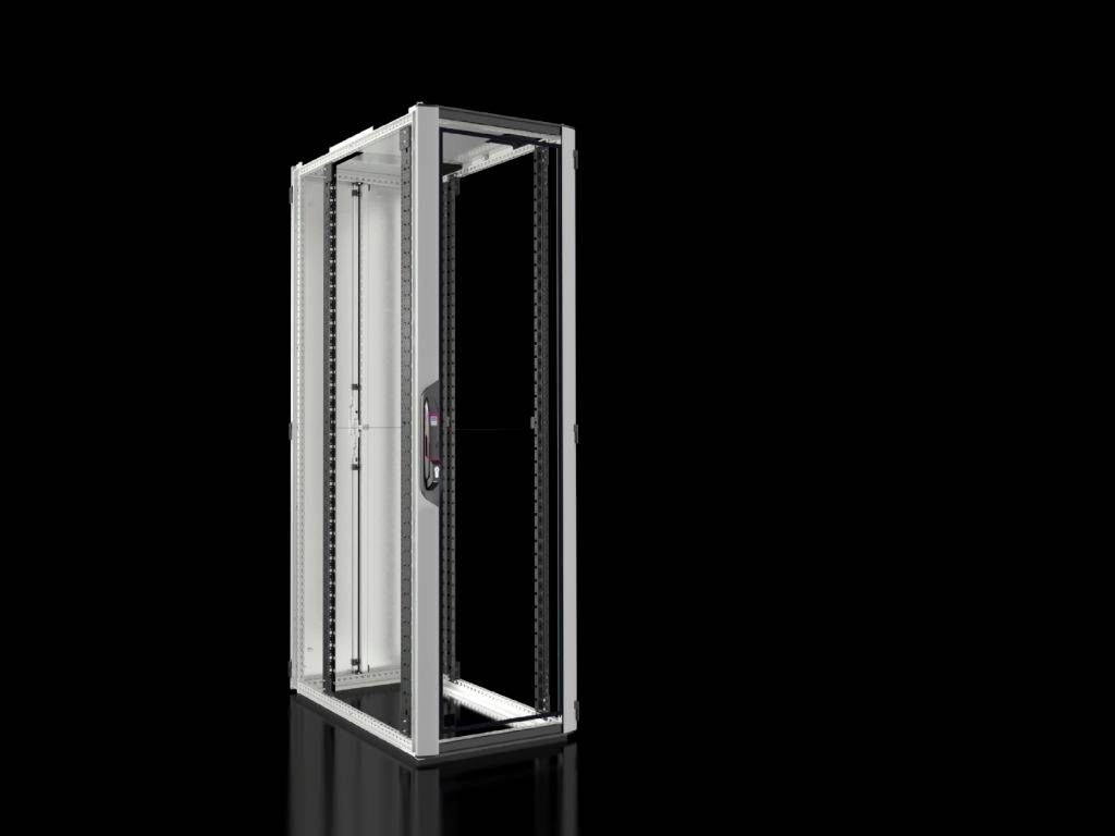 Ein offener Server-Rackschrank vor schwarzem Hintergrund, geeignet für die Unterbringung von IT-Ausrüstung in Rechenzentren oder Büros.