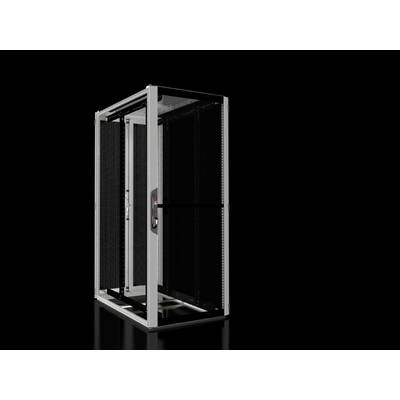 Ein schwarzer Server-Rack mit seitlichen Wänden und einer transparenten Fronttür steht auf einem dunklen Hintergrund.