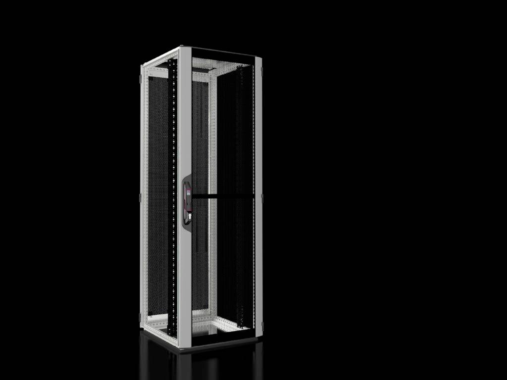 Ein einzelnes Server-Rack-Gehäuse auf schwarzem Hintergrund, ohne sichtbare Server oder Verkabelung.