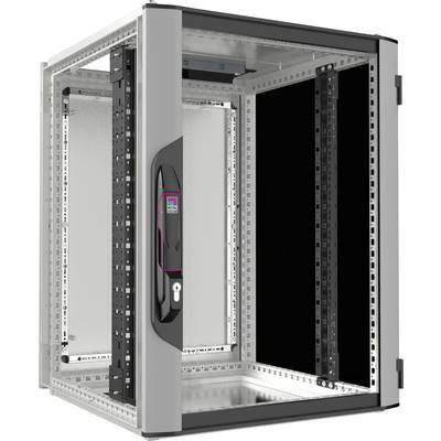 Ein offener Serverschrank aus Metall mit Glastür, geeignet für die Installation von Netzwerkgeräten.