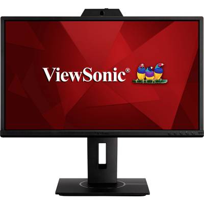 Ein Monitor mit rotem Hintergrund zeigt das Logo 'ViewSonic' und drei bunte Vögel auf einem Ast.