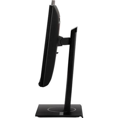 Ein schwarzer Computerbildschirm, seitliche Ansicht, zeigt den schmalen Rahmen und das schlanke Profil des Monitors auf einem Sockel.