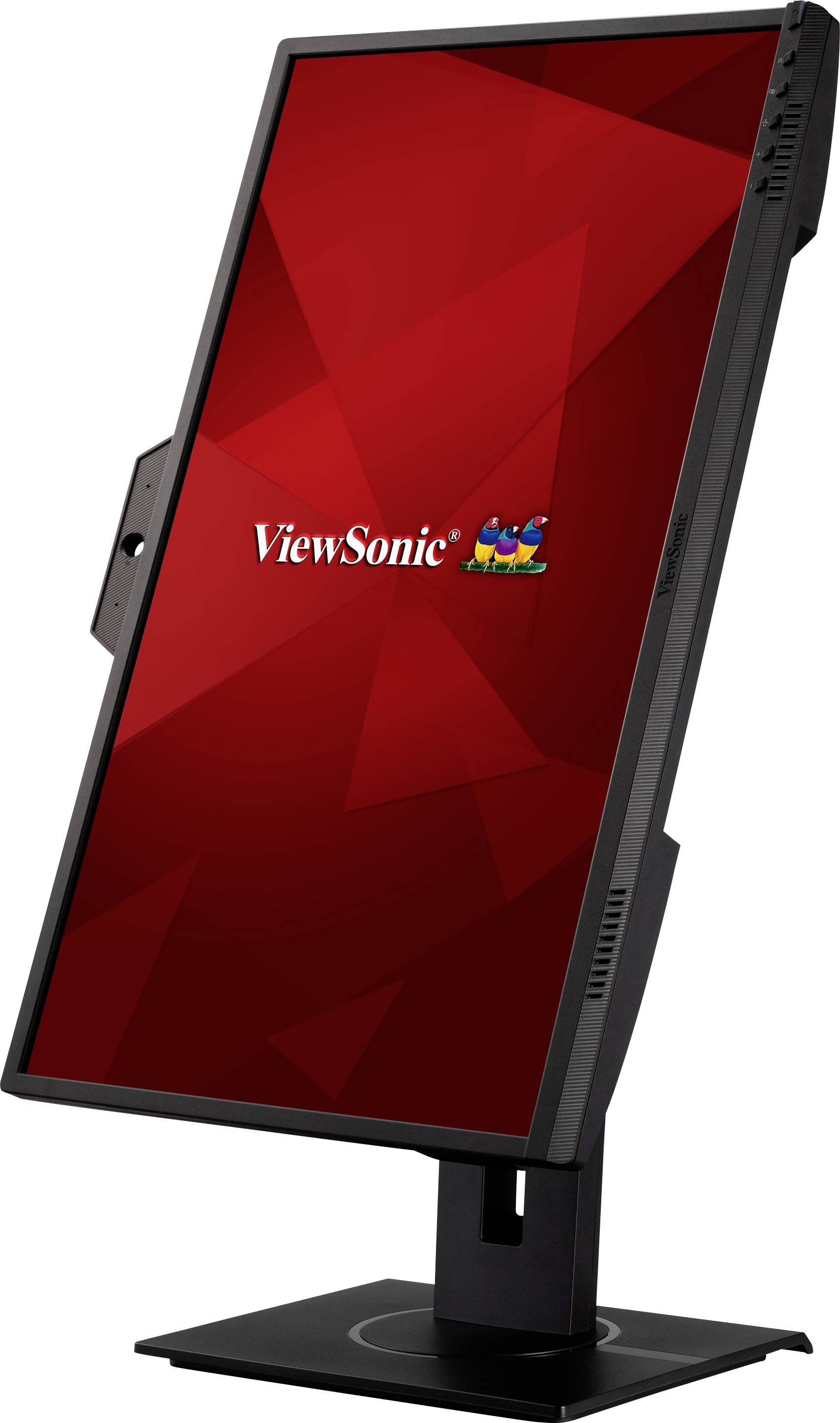 Der Bildschirm zeigt ein ViewSonic-Logo auf einem rot geometrischen Hintergrund. Der Monitor ist vertikal ausgerichtet.