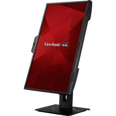 Der Bildschirm zeigt ein ViewSonic-Logo auf einem rot geometrischen Hintergrund. Der Monitor ist vertikal ausgerichtet.