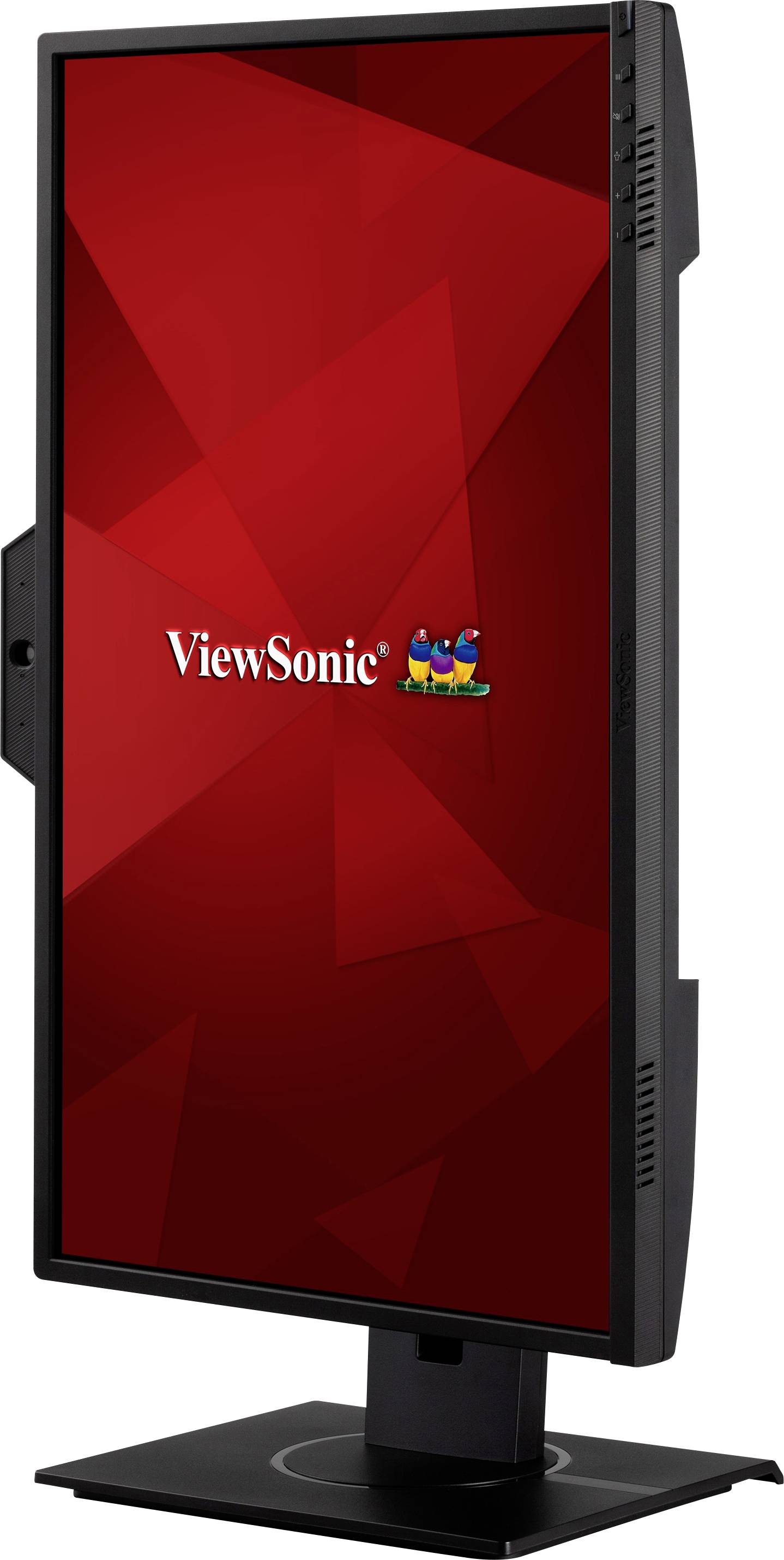 Ein schwarzer Computermonitor im Hochformat zeigt ein rotes Hintergrundbild mit geometrischen Formen und dem 'ViewSonic'-Logo in der Mitte.