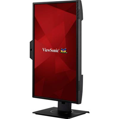 Ein schwarzer Computermonitor im Hochformat zeigt ein rotes Hintergrundbild mit geometrischen Formen und dem 'ViewSonic'-Logo in der Mitte.
