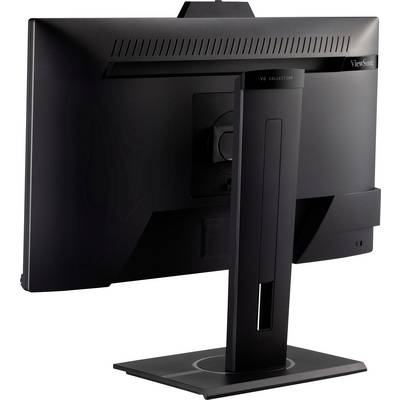 Ein schwarzer Computerbildschirm von hinten, auf einem Standfuß montiert, mit moderner, minimalistischer Gestaltung.