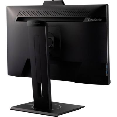 Rückseite eines schwarzen Computermonitors mit verstellbarem Standfuß und dem Markennamen 'ViewSonic' oben rechts.