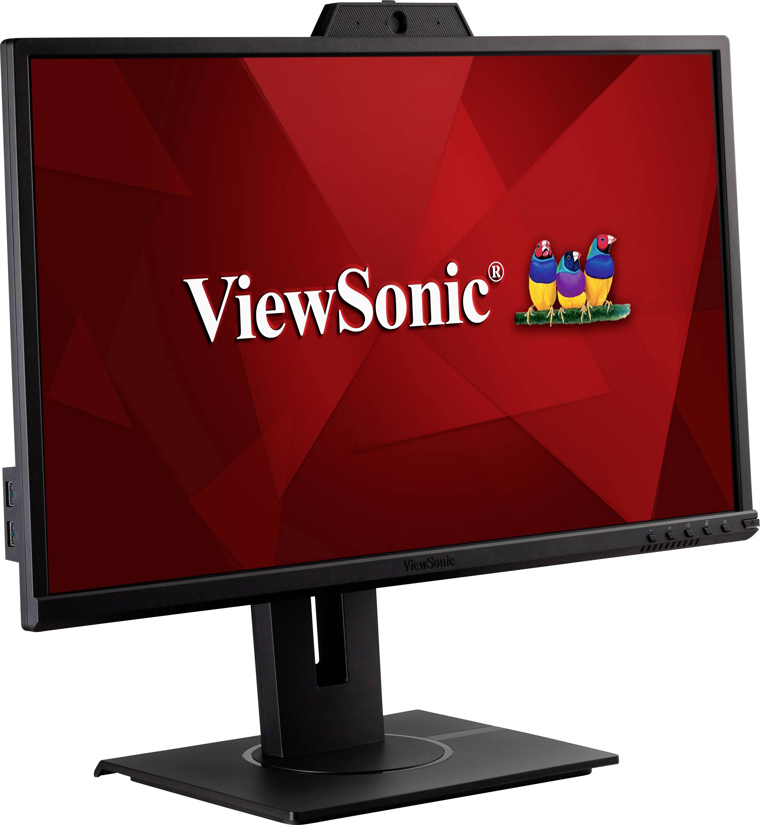 Ein schwarzer Computermonitor mit rotem Bildschirm zeigt das 'ViewSonic'-Logo und drei bunte Vögel.