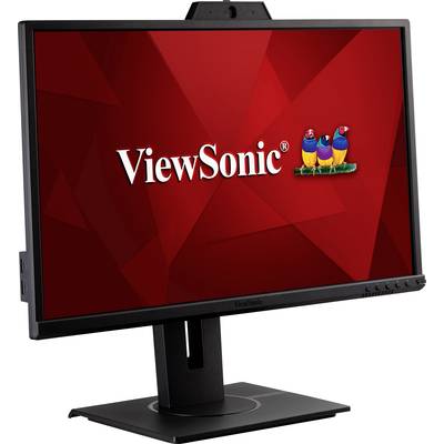 Ein schwarzer Computermonitor mit rotem Bildschirm zeigt das 'ViewSonic'-Logo und drei bunte Vögel.