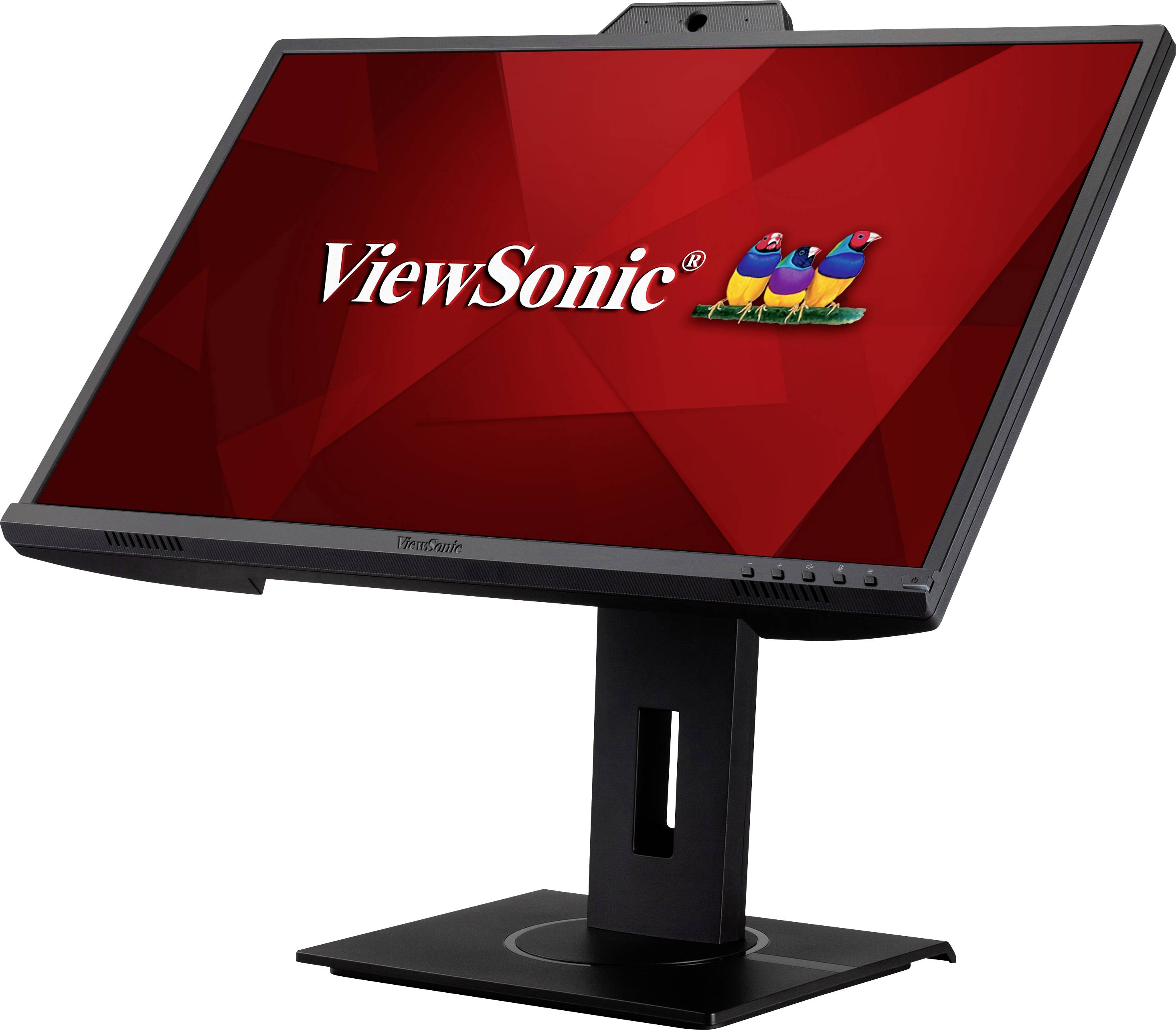 Ein schwarzer ViewSonic-Monitor mit roten Hintergrund und buntem Logo. Der Monitor steht aufrecht auf einem schwarzen Ständer.