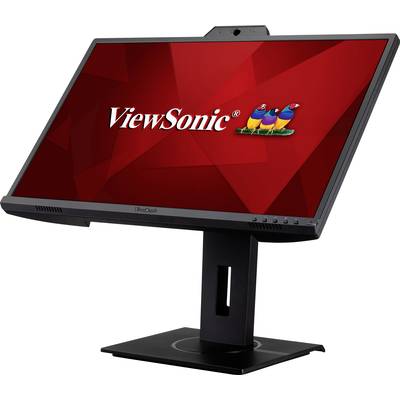 Ein schwarzer ViewSonic-Monitor mit roten Hintergrund und buntem Logo. Der Monitor steht aufrecht auf einem schwarzen Ständer.