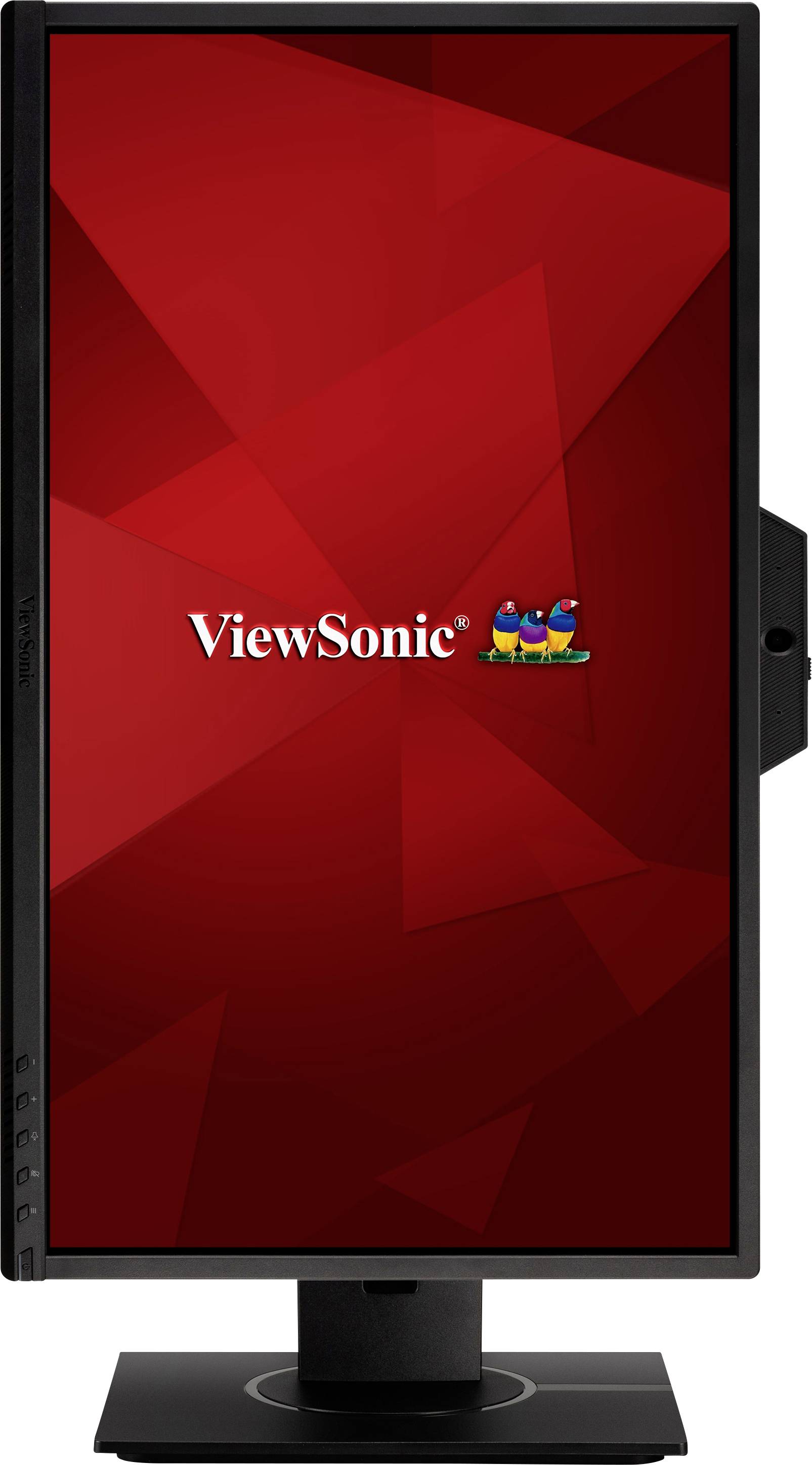 Ein rot gefärbter Computerbildschirm von ViewSonic, vertikal ausgerichtet, zeigt das Firmenlogo und bunte Vogelgrafiken mittig an.