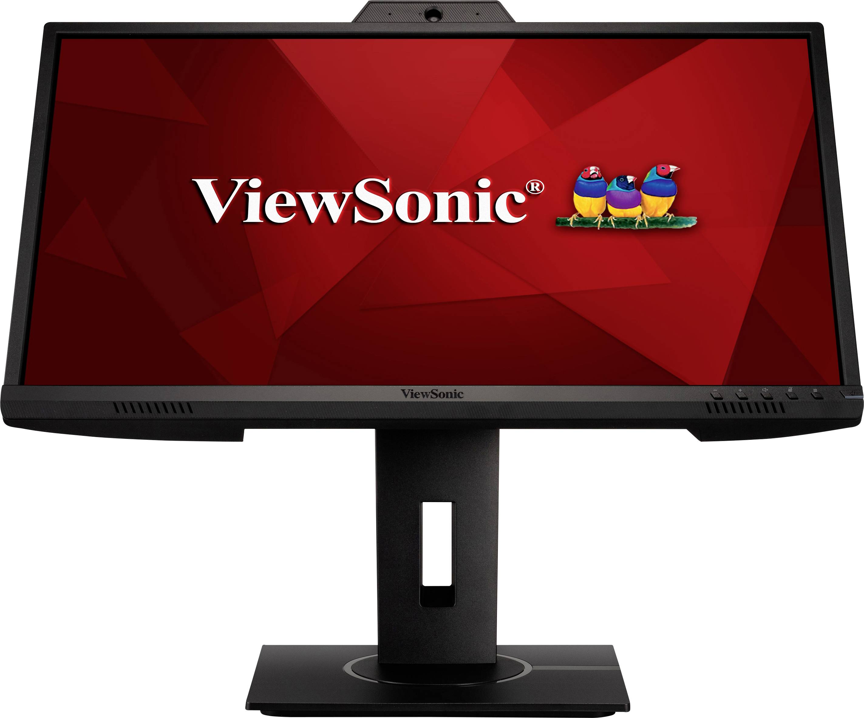 Ein Monitor der Marke ViewSonic zeigt das Logo auf einem roten Hintergrund. Drei bunte Vögel sind über dem Markennamen abgebildet.