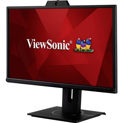 Ein schwarzer ViewSonic Monitor zeigt ein rotes Display mit dem ViewSonic Logo und drei bunten Vögeln.