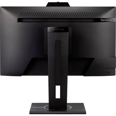 Ein schwarzer Computerbildschirm von hinten gezeigt, auf einem Standfuß montiert, mit dem Logo 'ViewSonic' in der oberen rechten Ecke.