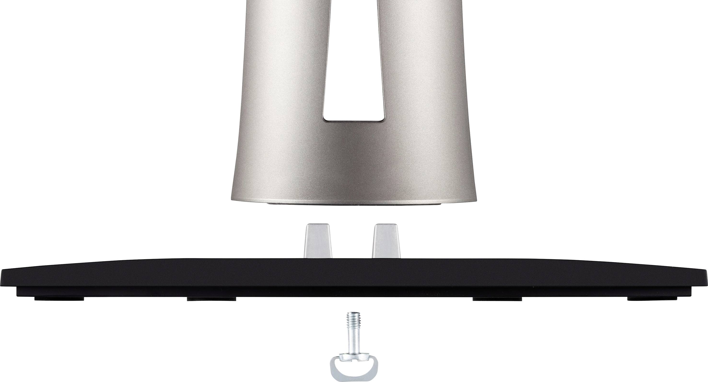 Ein Standfuß einer Computermonitorhalterung wird von oben in eine Basis eingeführt. Darunter befindet sich eine Schraube zur Befestigung.