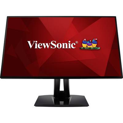 Ein Computermonitor mit rotem Hintergrund zeigt das Logo der Marke 'ViewSonic', bestehend aus drei bunten Vögeln.