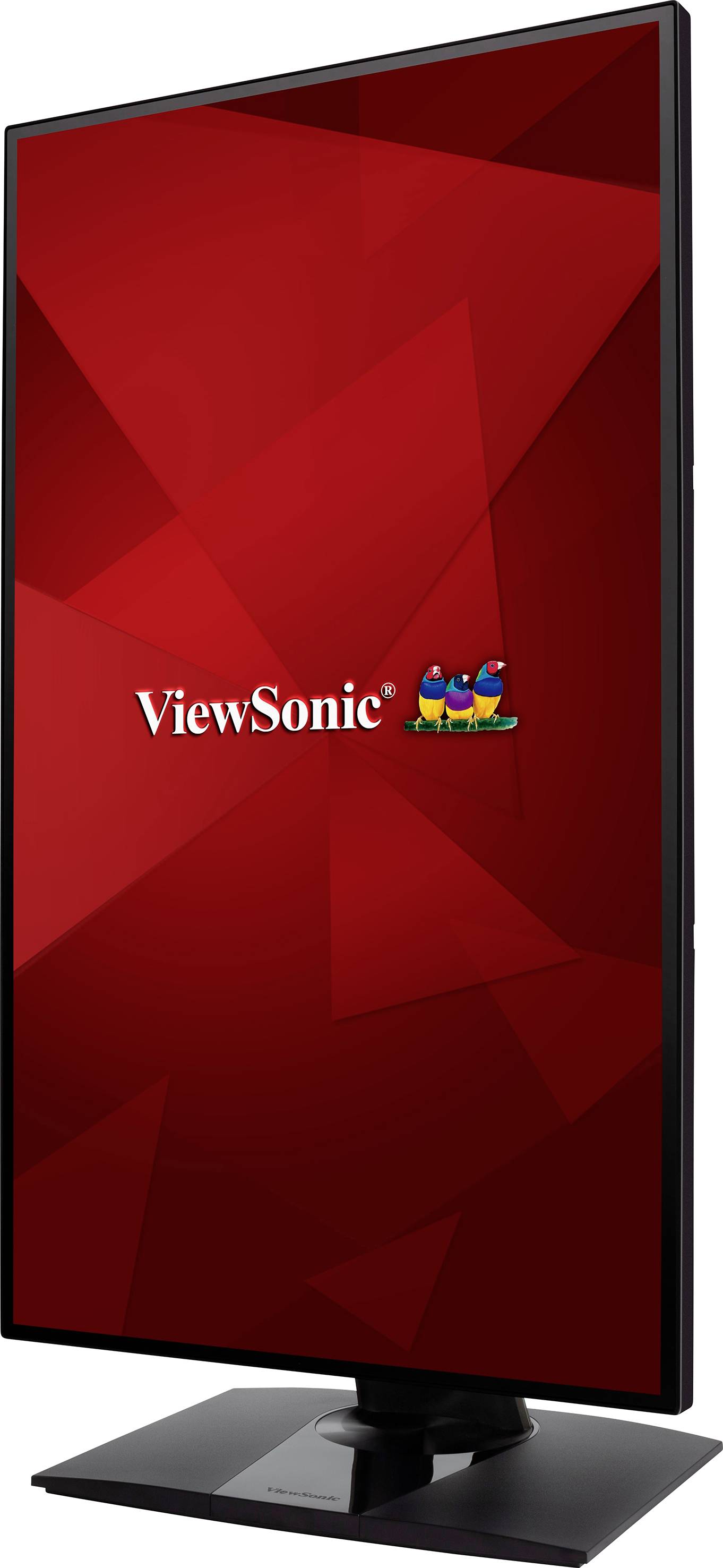 Ein roter Bildschirm mit dem 'ViewSonic'-Logo in der Mitte, zeigt eine klare Anordnung geometrischer Formen im Hintergrund.