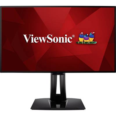 Ein Monitor mit rotem Bildschirm zeigt das Logo 'ViewSonic' und drei Vögel.