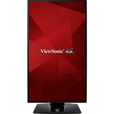 Ein Computermonitor von ViewSonic in vertikaler Ausrichtung mit leuchtend rotem Hintergrund und dem ViewSonic-Logo in der Mitte.