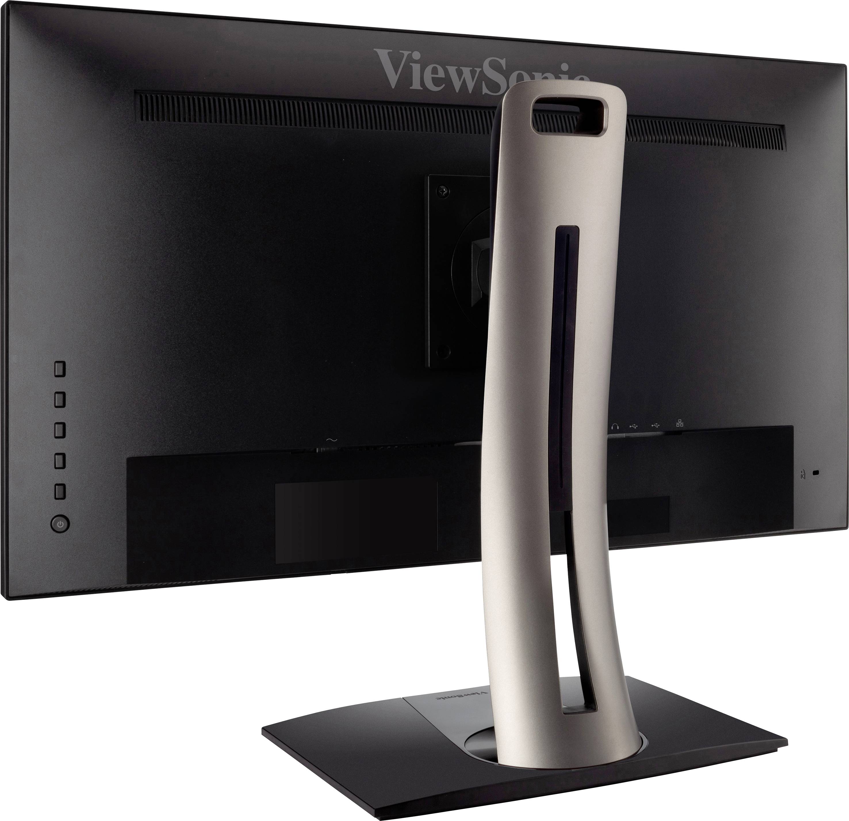 Ein Computermonitor von hinten betrachtet, mit einem stilvollen Standfuß und mehreren Anschlussmöglichkeiten auf der Rückseite.