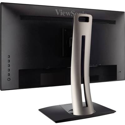 Ein Computermonitor von hinten betrachtet, mit einem stilvollen Standfuß und mehreren Anschlussmöglichkeiten auf der Rückseite.