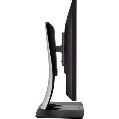 Ein dünner Computermonitor im Profil gezeigt. Der Bildschirm ist schwarz mit einem gebogenen Standfuß, der eine schlanke Form hat.